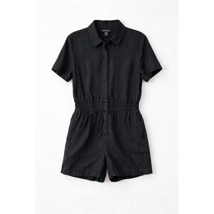 Athleta Black Linen Short Sleeve Button Front Elastic Waist Romper size S